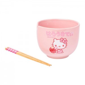 Hello Kitty Hello Kitty Ceramic Ramen Bowl and Chopstick Set (Strawberry Milk) Pink | USA_HK46381