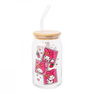 Hello Kitty My Melody Snacks Bamboo Lidded Glass Tumbler Pink | USA_HK80405