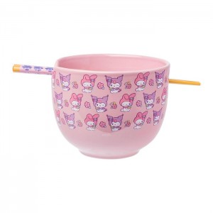 Hello Kitty My Melody & Kuromi Ceramic Ramen Bowl and Chopstick Set (Pastel Flowers) Pink | USA_HK94886
