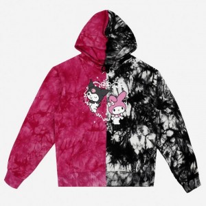 Hello Kitty My Melody & Kuromi x Dumbgood Tie Dye Split Hoodie Red Black | USA_HK57621