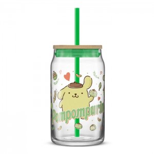 Hello Kitty Pompompurin Favorite Flavor Lidded Glass Tumbler Green | USA_HK79965